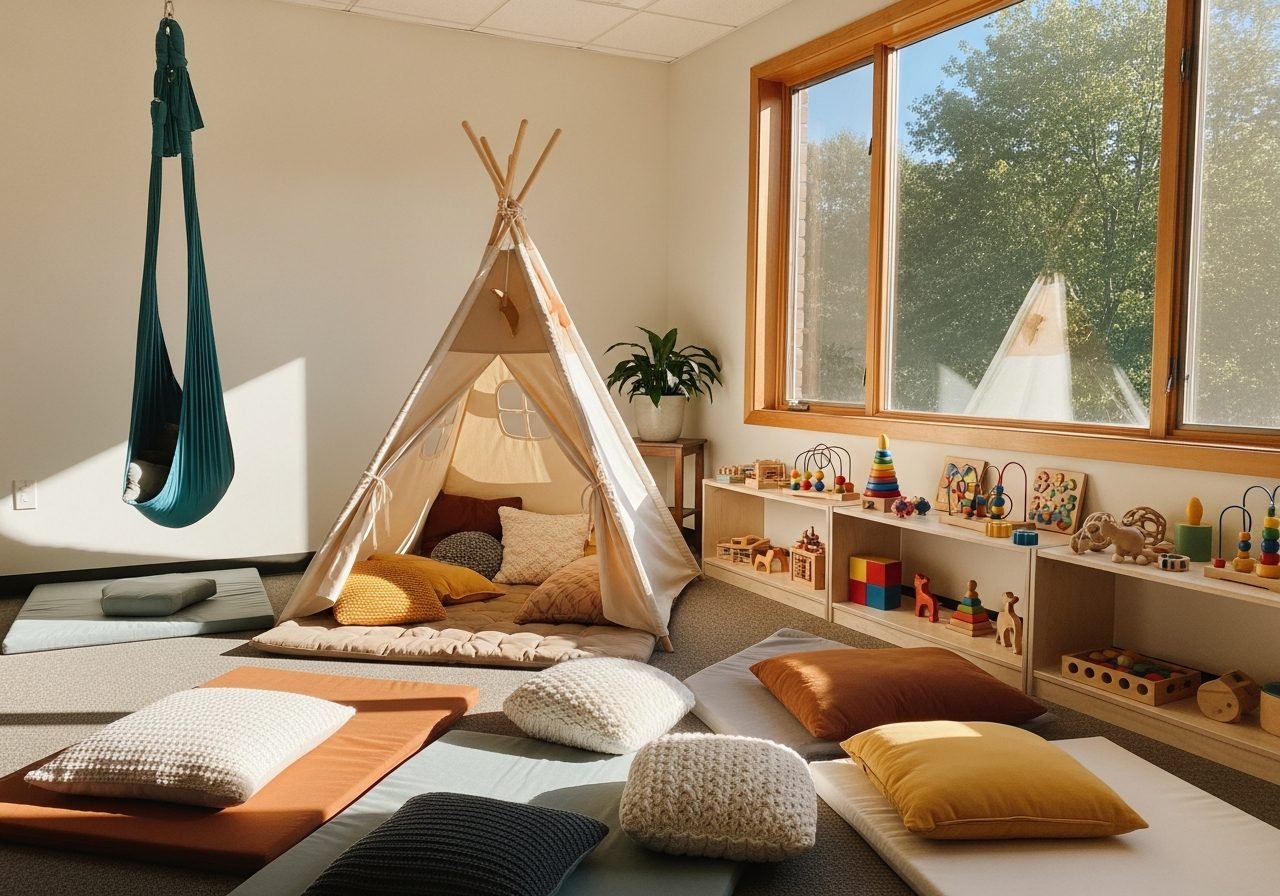 Sala de terapia infantil acolhedora da Clínica Beaba, com tenda, balanço e brinquedos pedagógicos